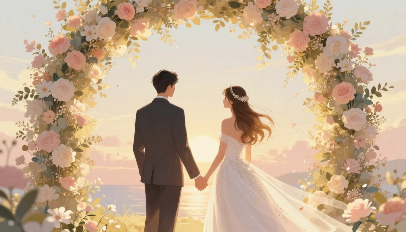 A romantic and dreamy illustration of a bride and groom hold...