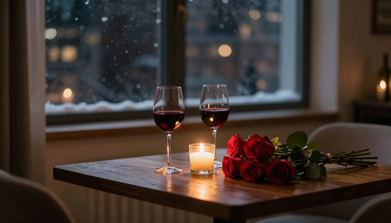 A romantic and intimate scene inside a cozy apartment at nig...
