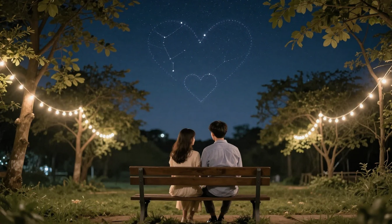 A romantic couple sitting on a wooden bench in a park under ...