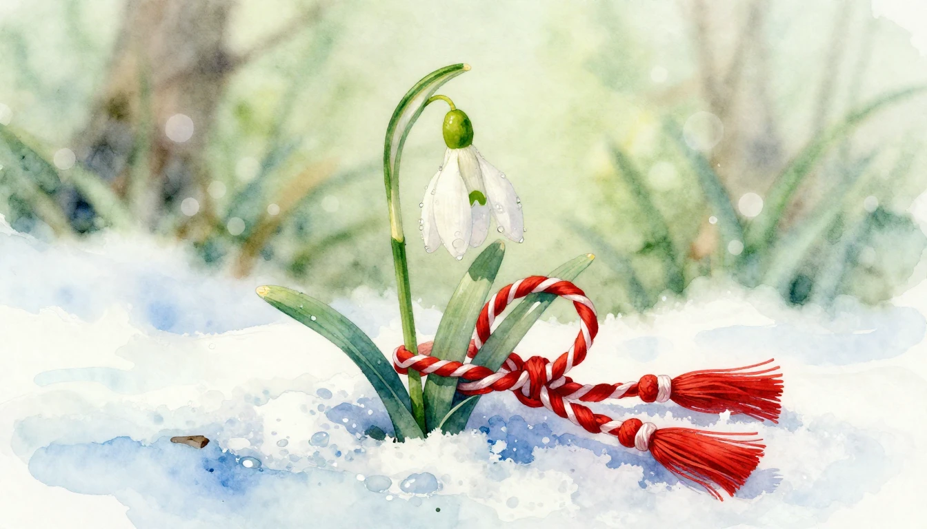 A delicate watercolor painting of a snowdrop flower emerging...