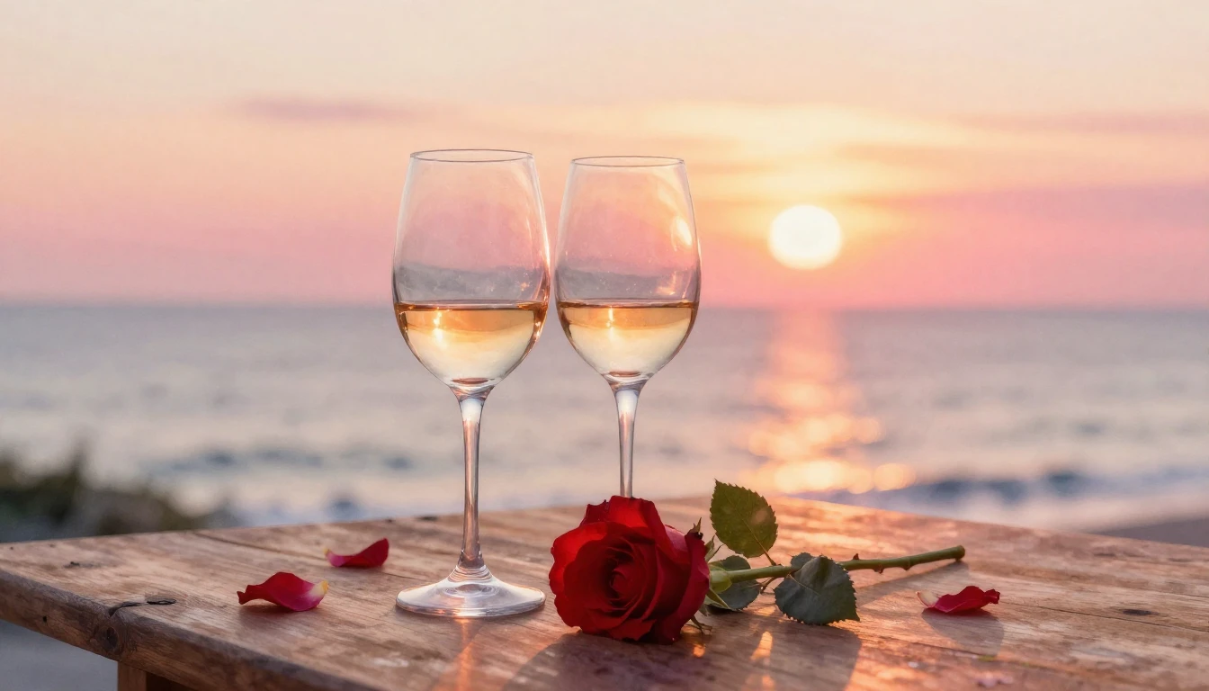 A dreamy watercolor painting of two elegant wine glasses sit...