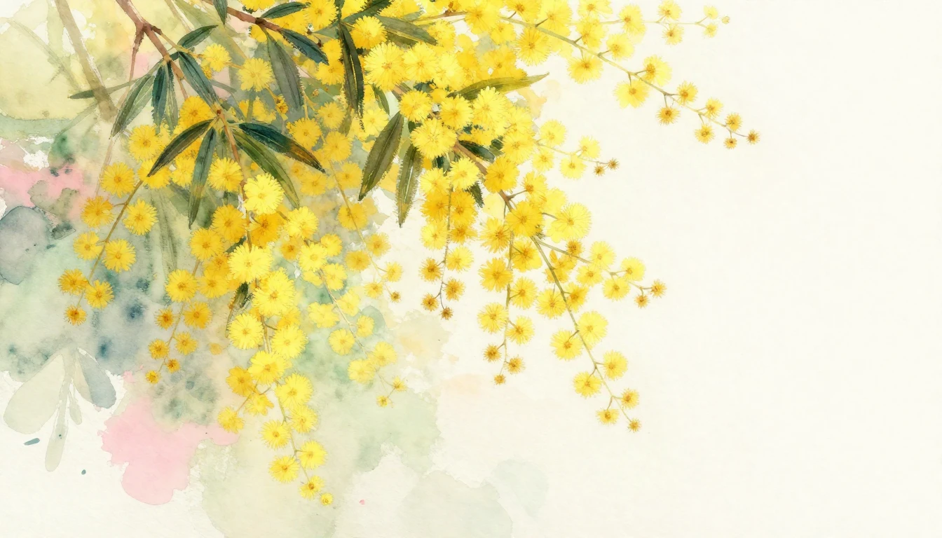 A beautiful watercolor painting of bright yellow mimosa bran...