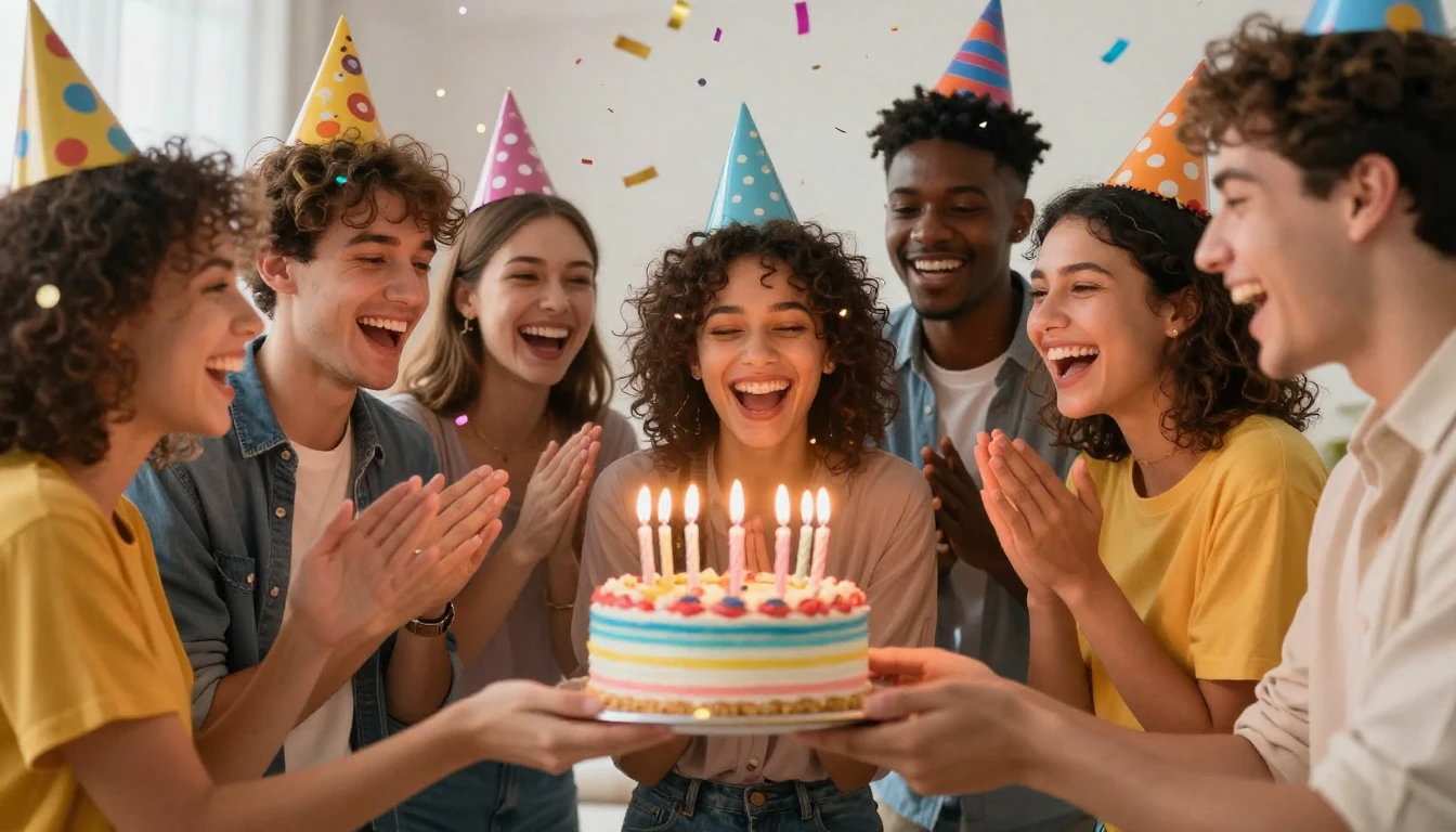 A joyful birthday celebration scene with a group of diverse ...
