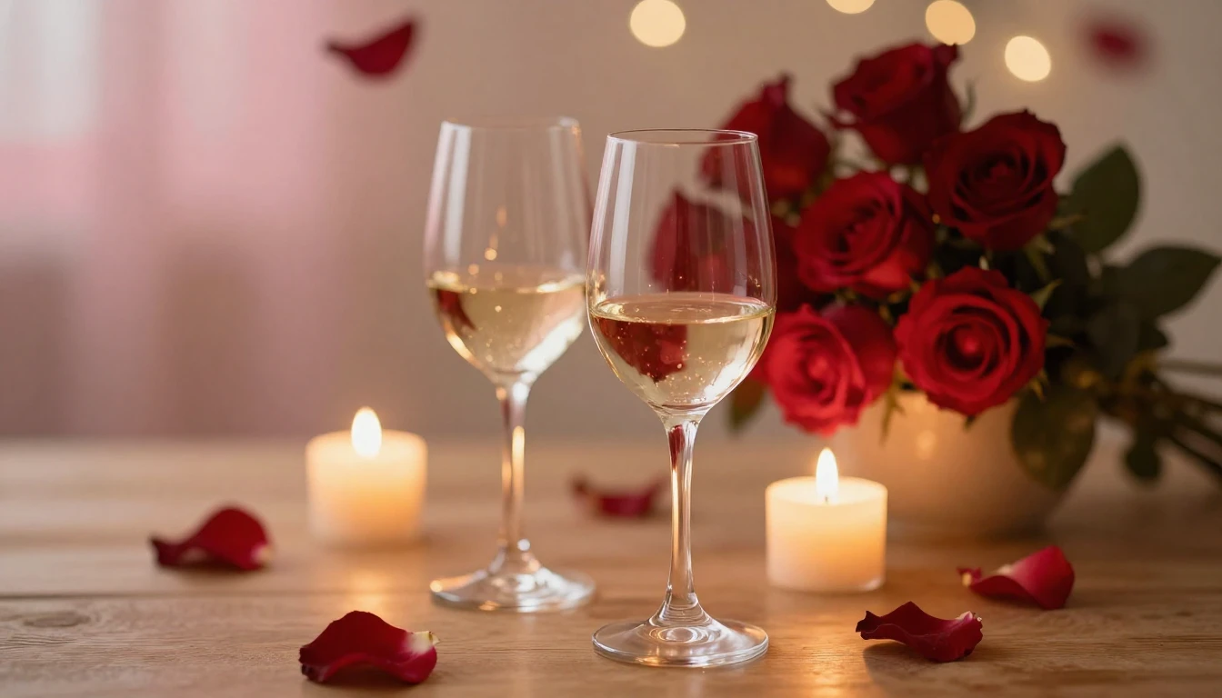 A romantic and dreamy scene featuring two elegant wine glass...