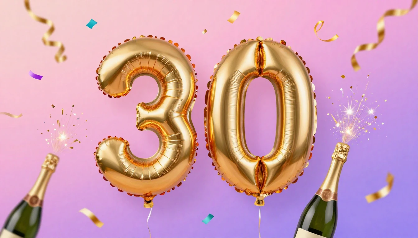 A vibrant and festive digital art design celebrating a 30th ...