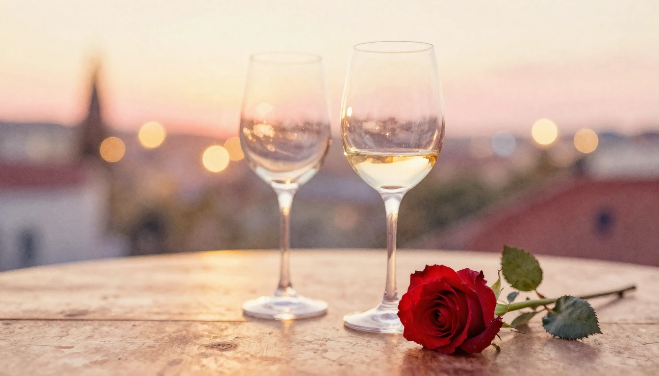 A delicate watercolor painting of two elegant wine glasses s...