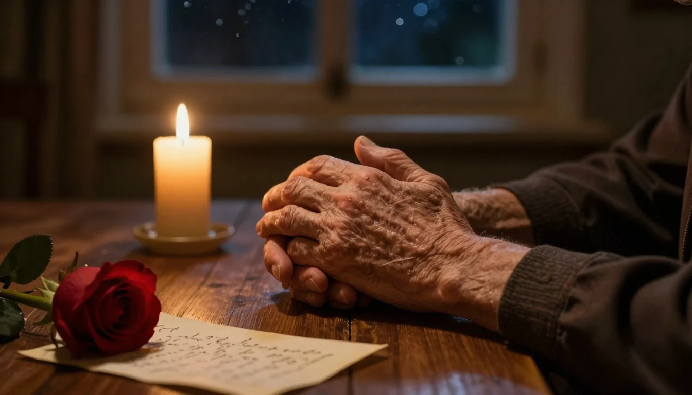A cinematic close-up shot of two elderly hands holding each ...