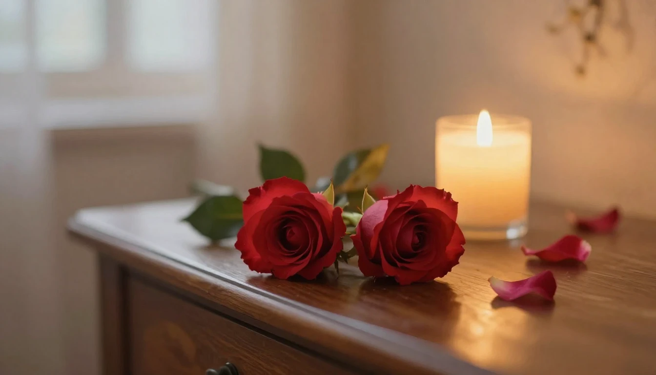 A delicate and ethereal scene featuring two intertwined red ...