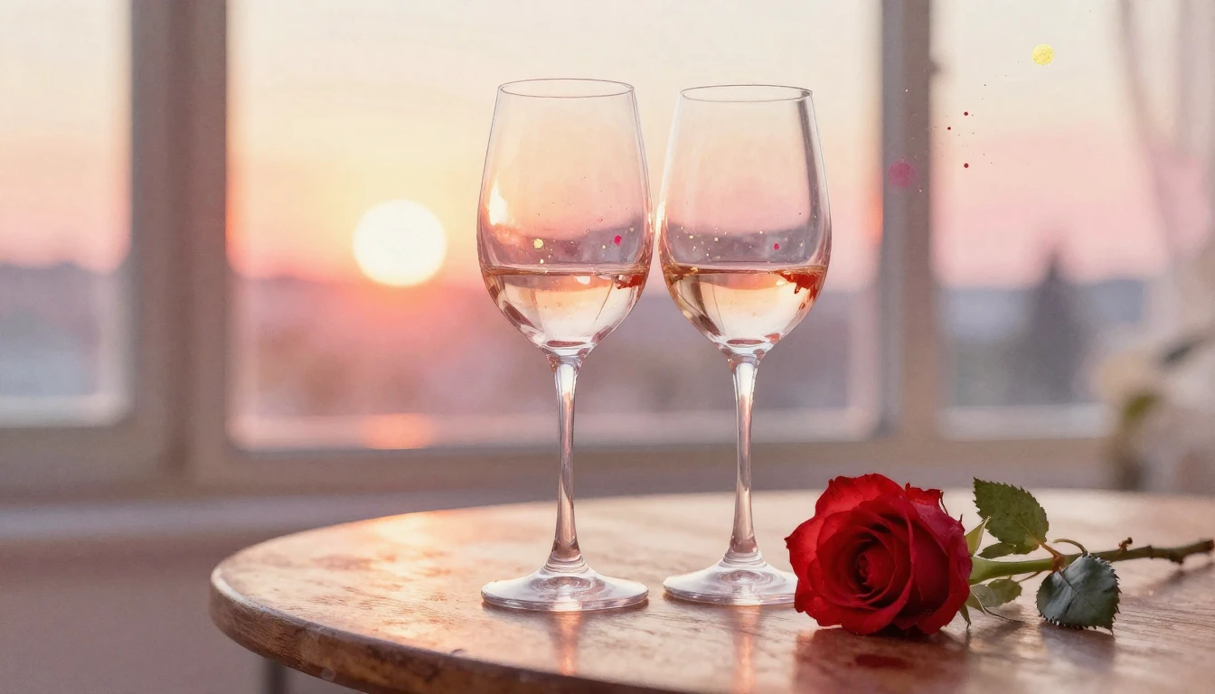 A soft watercolor painting of two elegant wine glasses sitti...