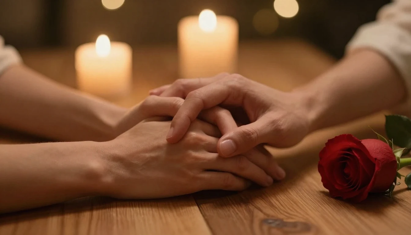 A cinematic close-up shot of two hands holding each other ge...
