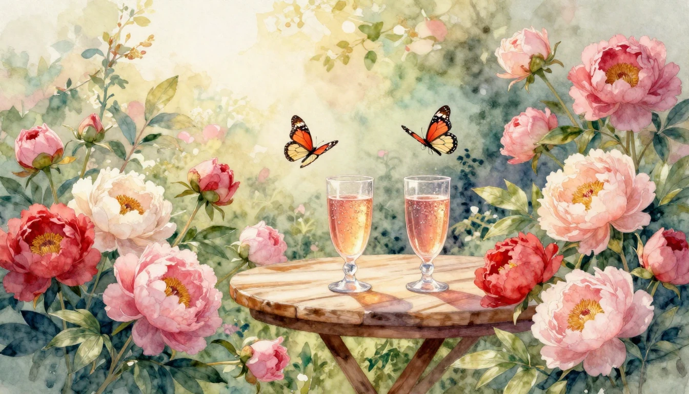 A vibrant watercolor painting depicting a lush garden filled...