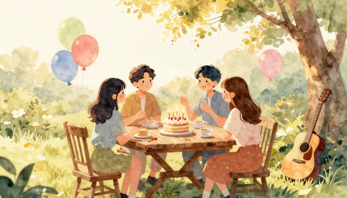 A heartwarming watercolor illustration of a birthday celebra...