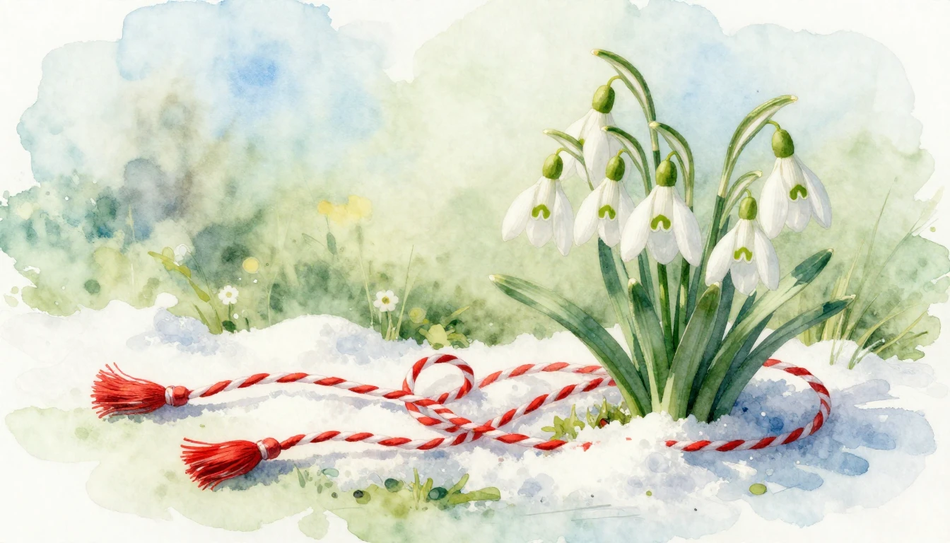 A delicate watercolor painting of a traditional Mărțișor sym...