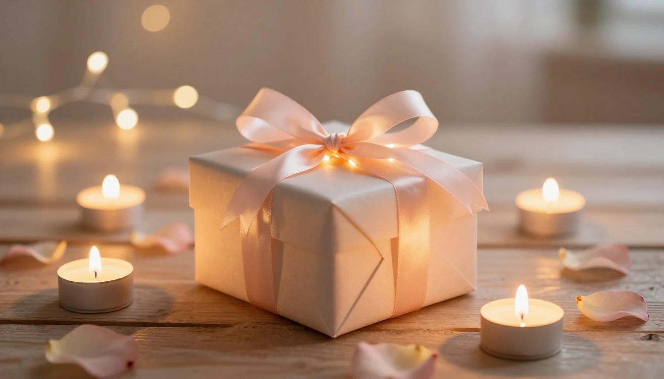 A beautifully wrapped birthday gift box with a soft glowing ...