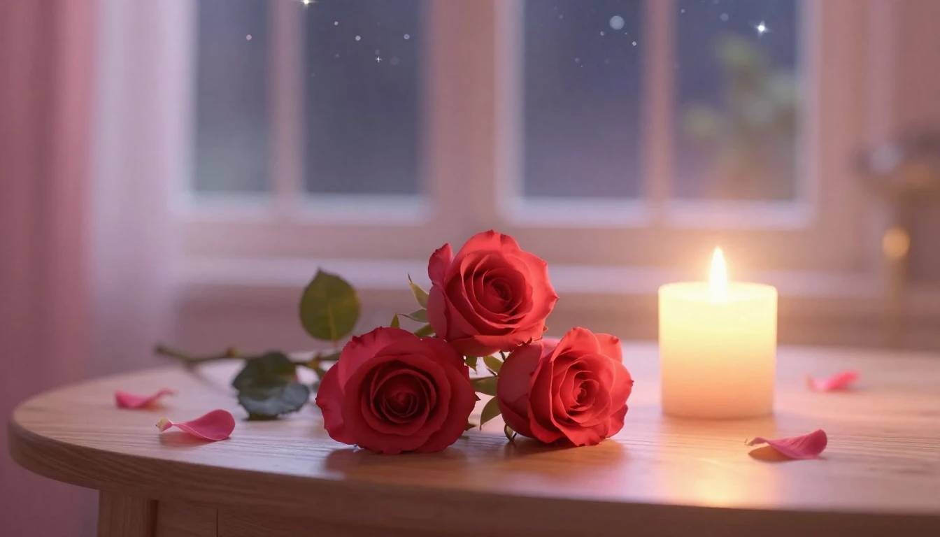 A dreamlike scene of two delicate red roses intertwined on a...