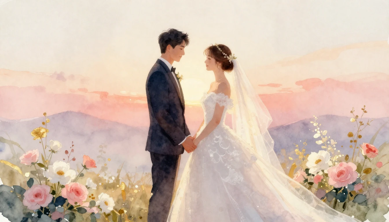 A soft and dreamy watercolor painting of a bride and groom s...