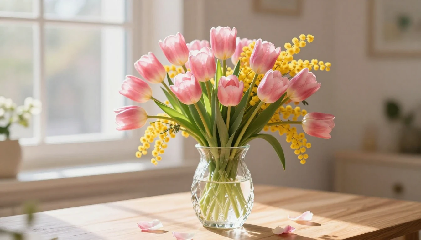 A breathtaking spring scene featuring a lush bouquet of pink...