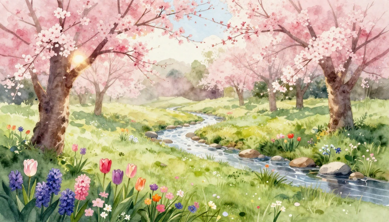 A vibrant watercolor painting of a lush meadow at dawn. Deli...