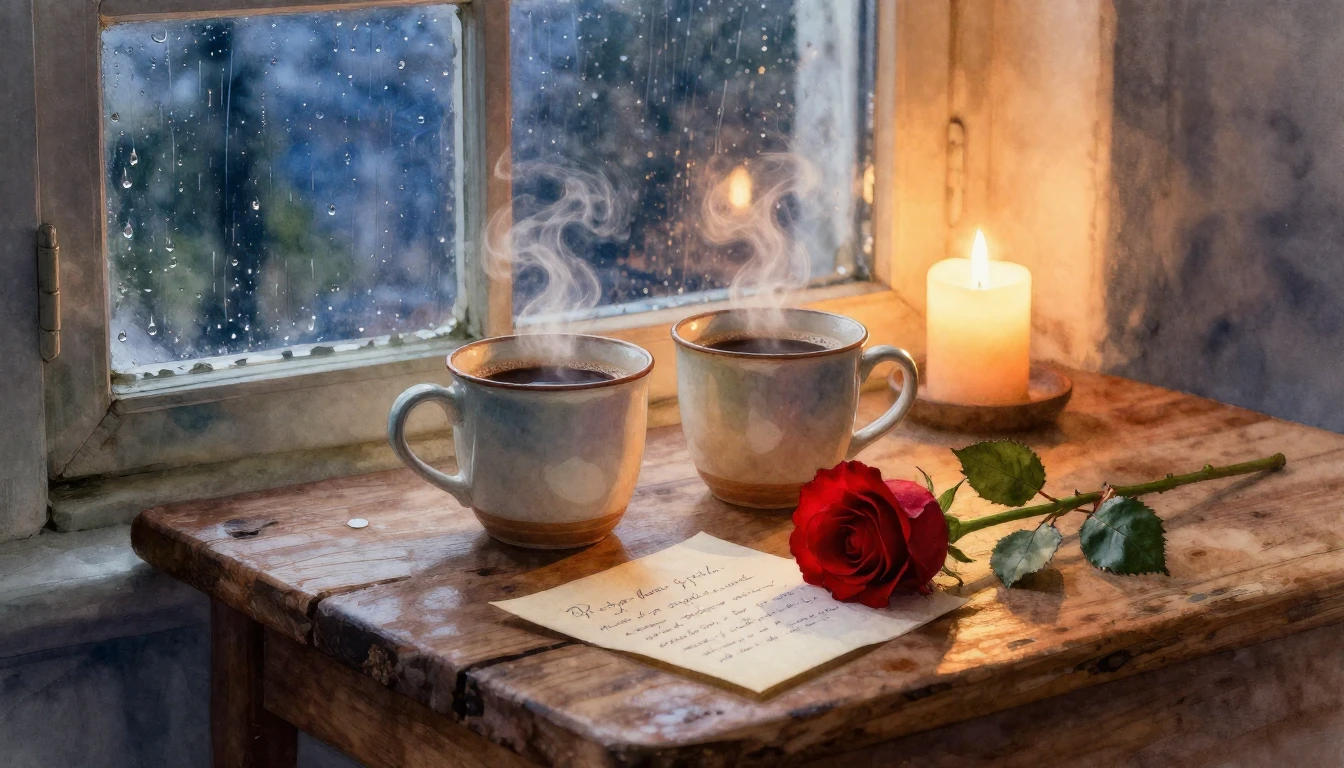 A romantic and cozy still life composition. A rustic wooden ...