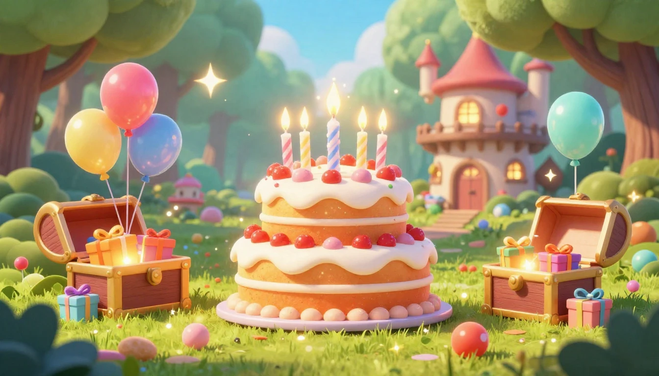 A vibrant and colorful 3D render of a magical birthday party...