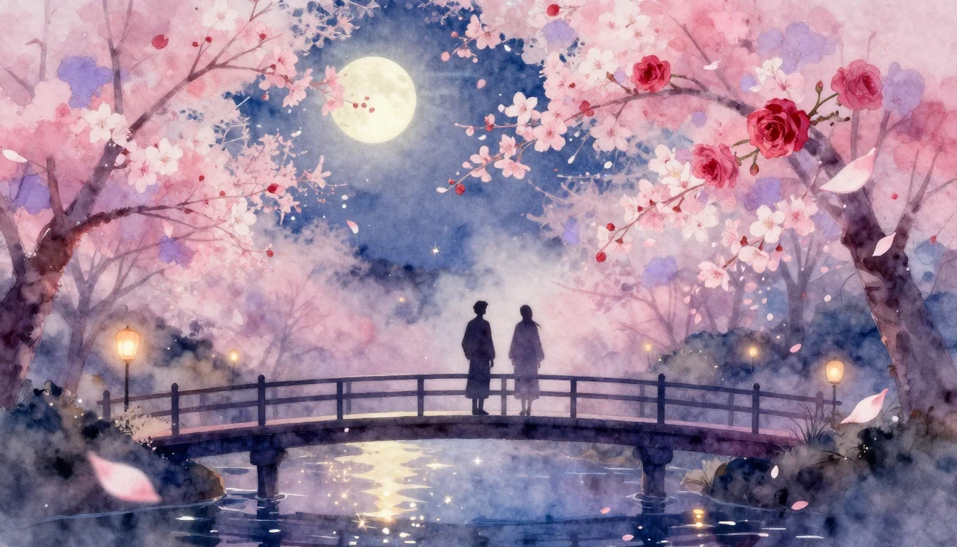 A dreamy and ethereal watercolor painting of two silhouettes...