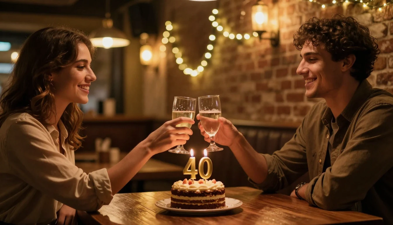 Two best friends clinking glasses in a cozy, softly lit pub,...