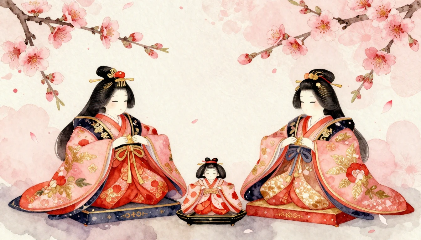 A beautiful watercolor illustration of traditional Hina doll...
