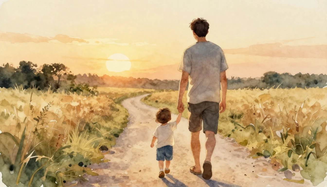 A heartwarming watercolor painting of a father and a small c...