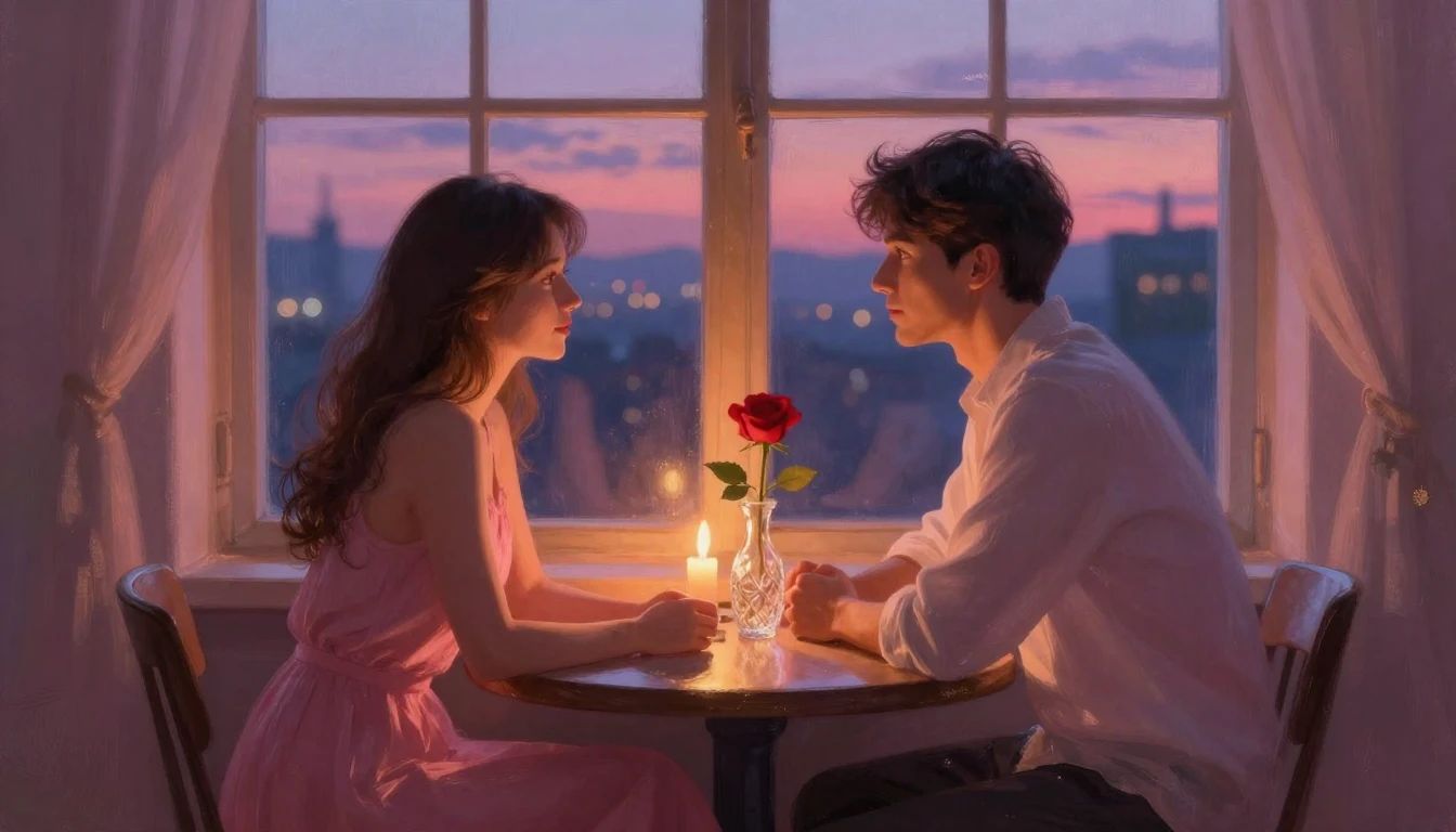 A romantic and dreamy scene depicting a couple sitting at a ...