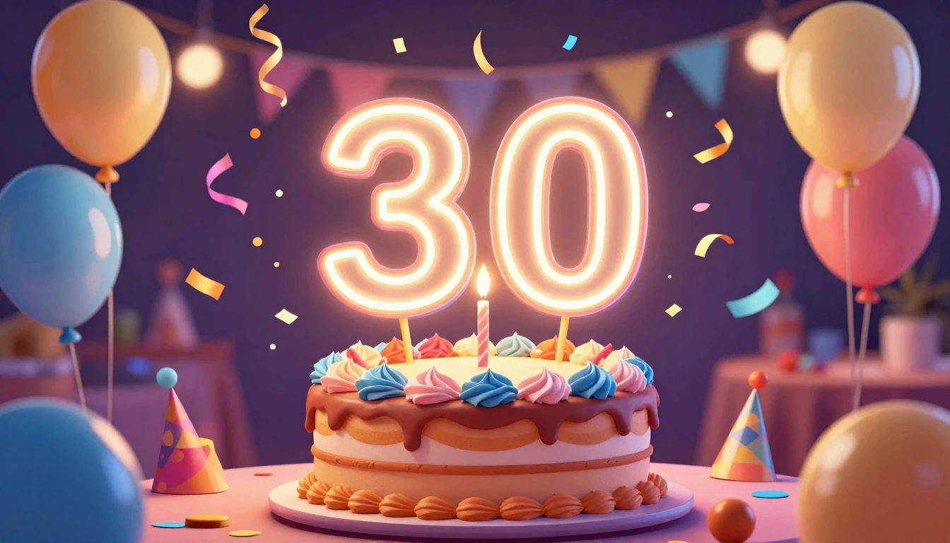 A vibrant and festive illustration of a 30th birthday celebr...