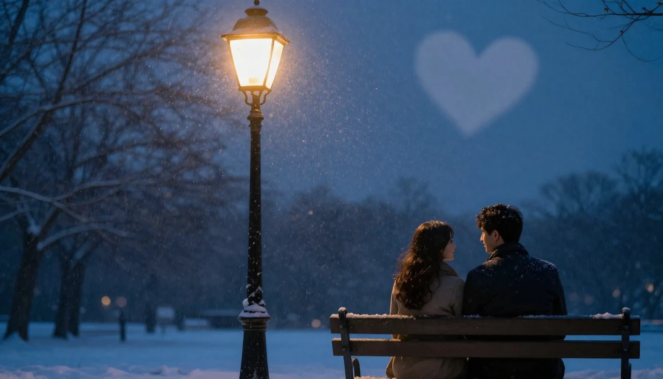 A romantic scene of a couple holding hands on a park bench u...