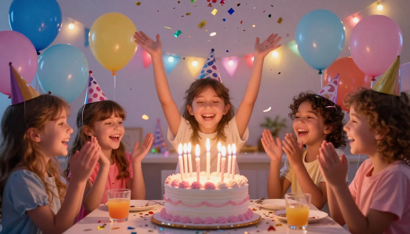 A vibrant and joyful birthday party scene, colorful balloons...