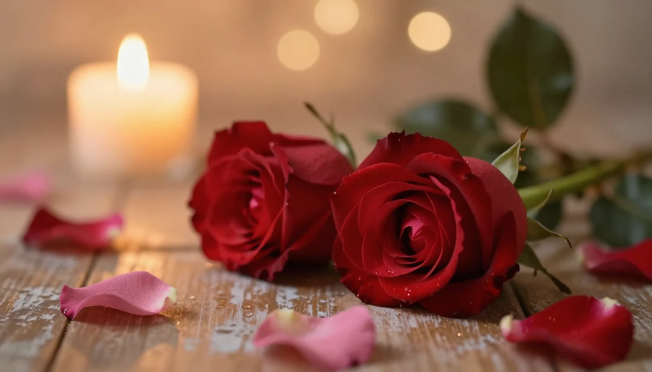 A beautiful and delicate scene featuring two red roses resti...