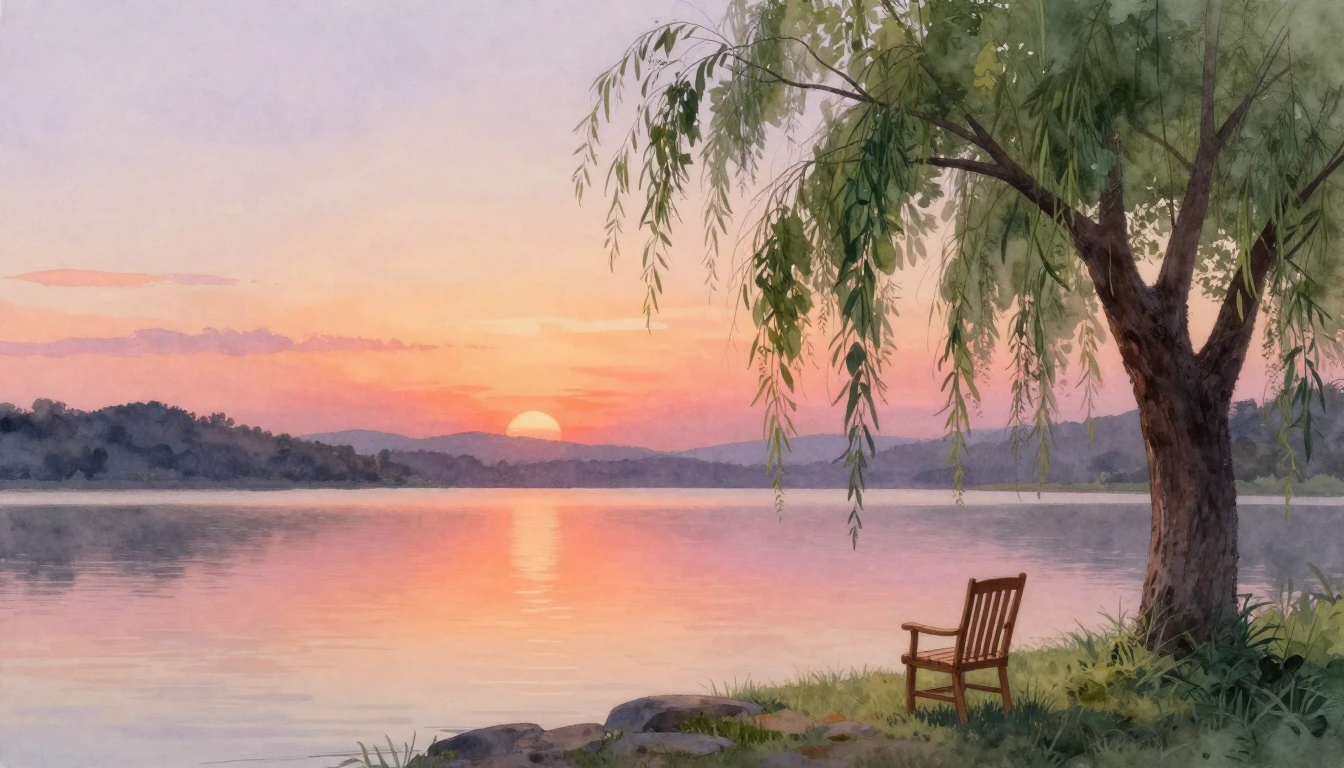 A serene watercolor painting of a calm lake at sunset. The s...