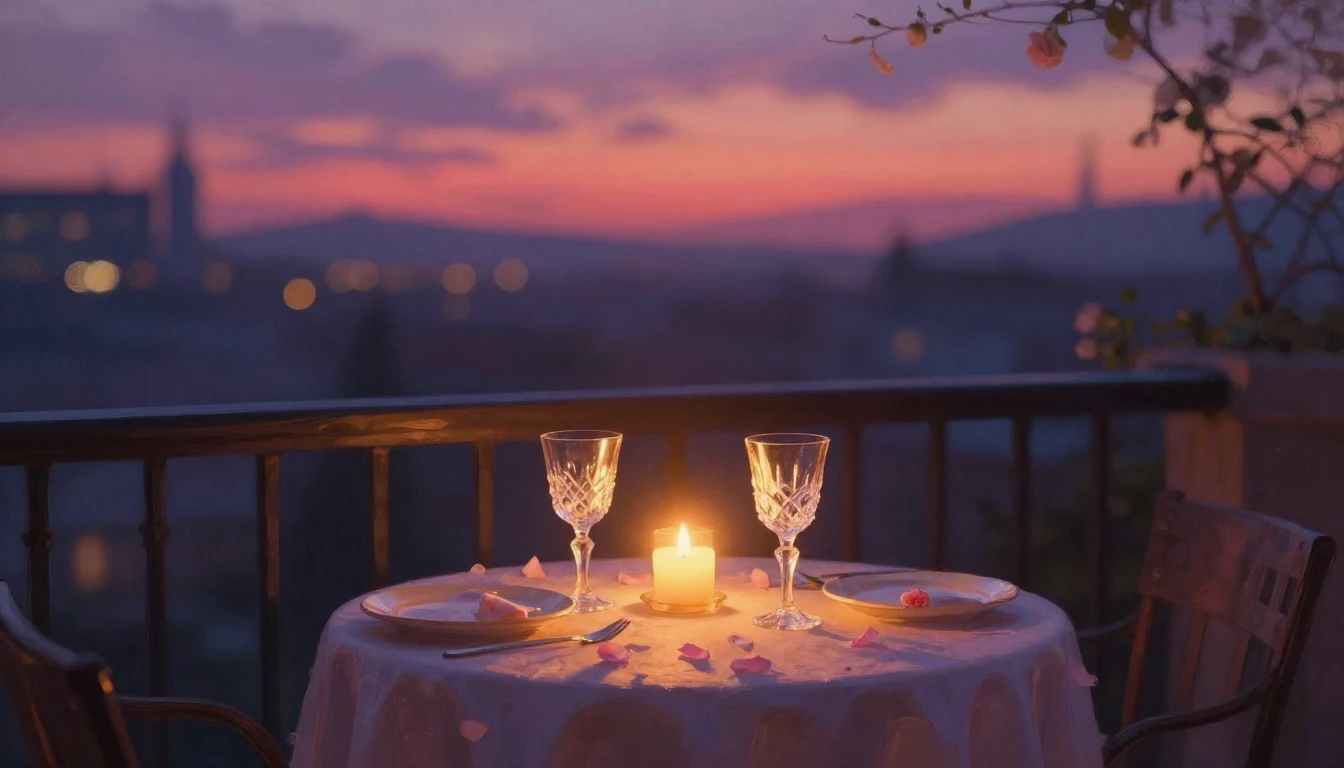 A dreamy, impressionistic scene of a small table set for two...
