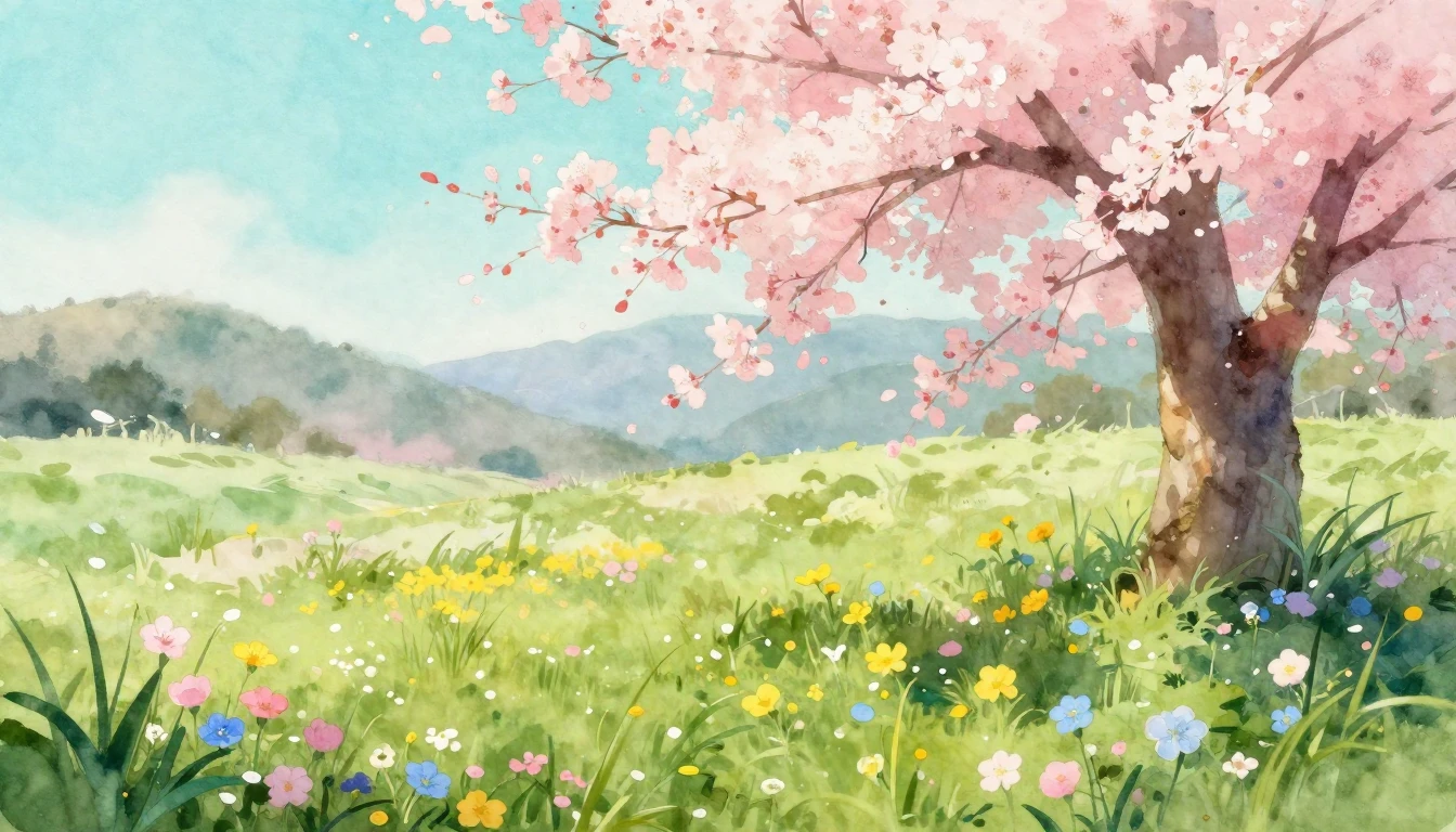 A vibrant watercolor painting of a lush meadow in early spri...
