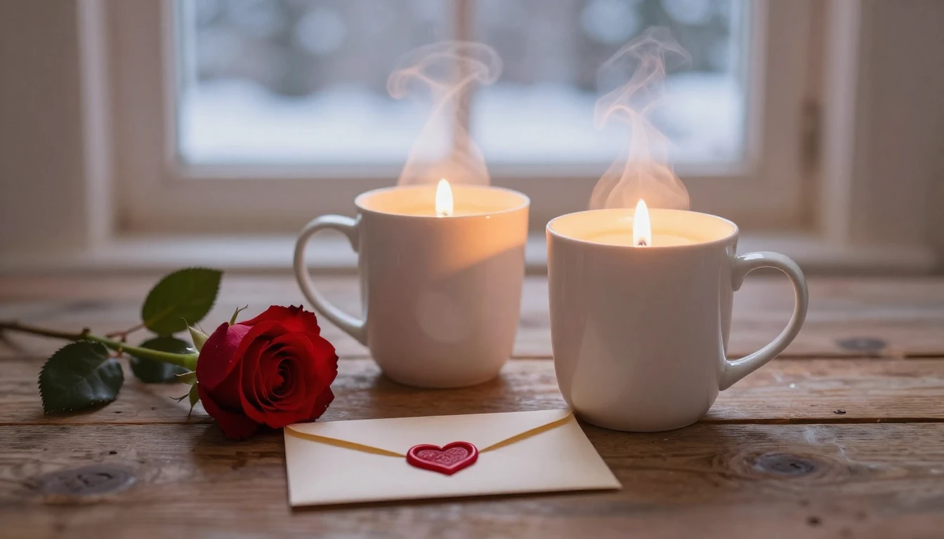 A romantic and cozy still life composition featuring two ste...