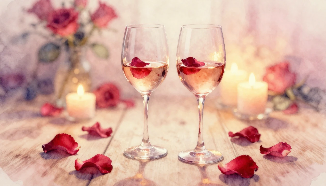 A delicate watercolor painting of two elegant wine glasses s...