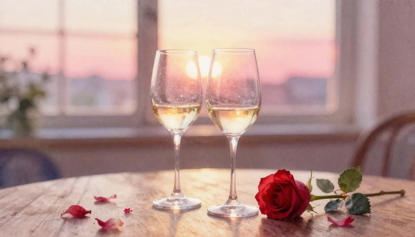 A soft watercolor painting of two elegant wine glasses sitti...