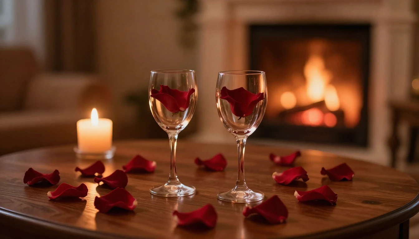 A serene and romantic scene featuring two elegant glasses on...