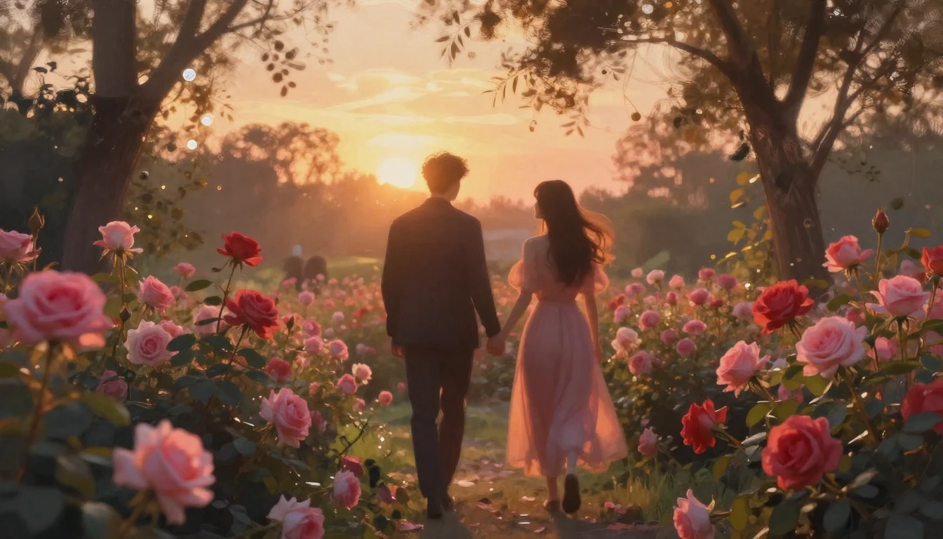 A dreamy and ethereal scene of two silhouettes walking throu...