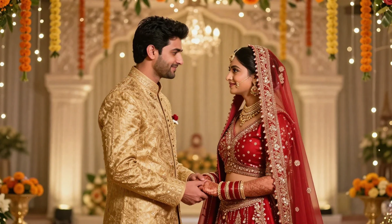 A beautiful illustration of a newlywed couple in traditional...