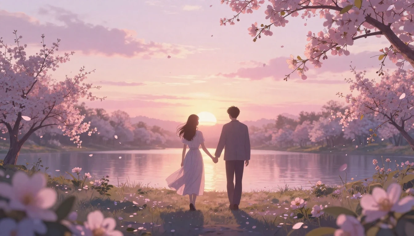 A beautiful, ethereal scene of two silhouettes walking hand-...