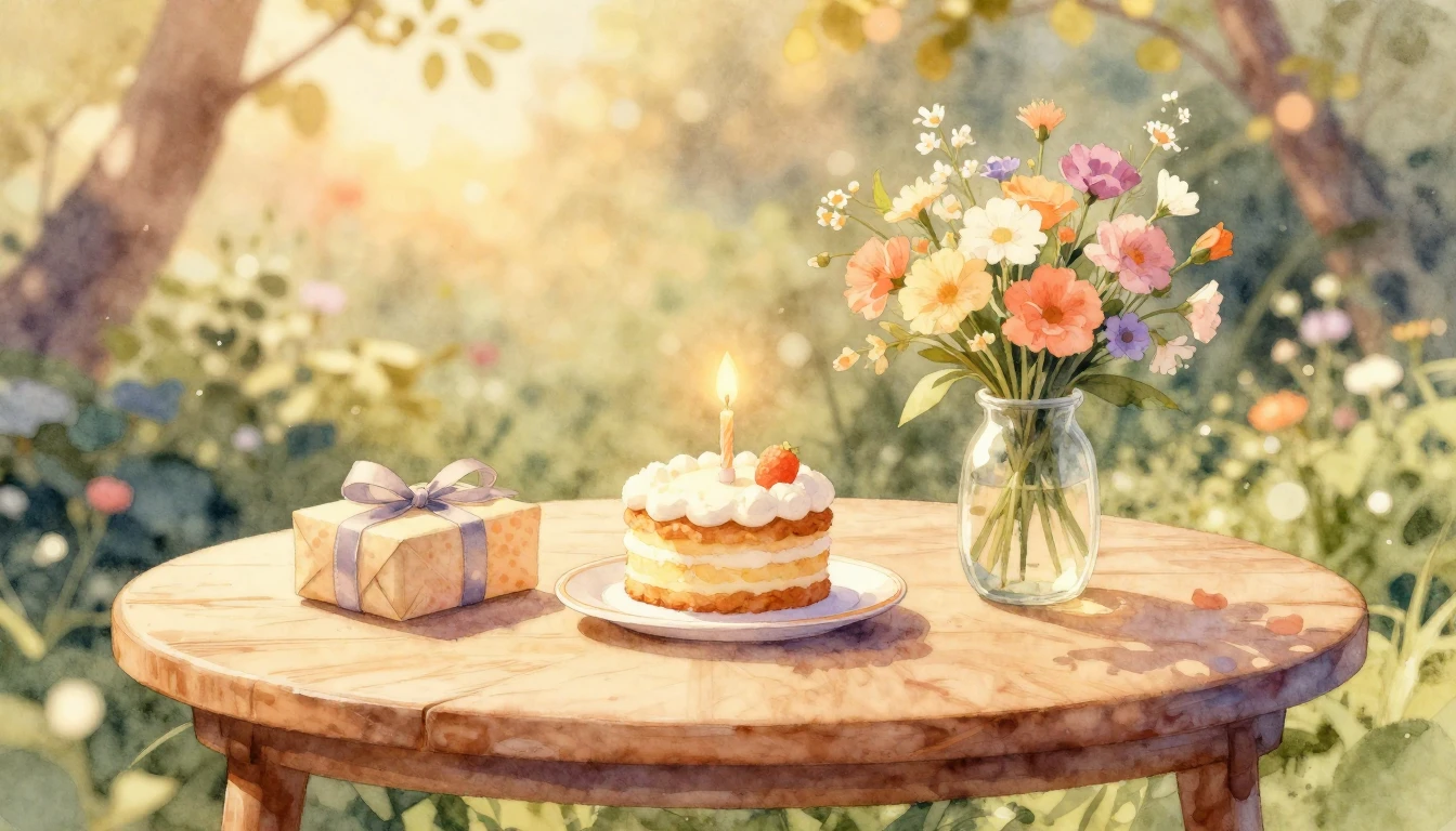 A beautiful watercolor painting of a cozy wooden table set f...