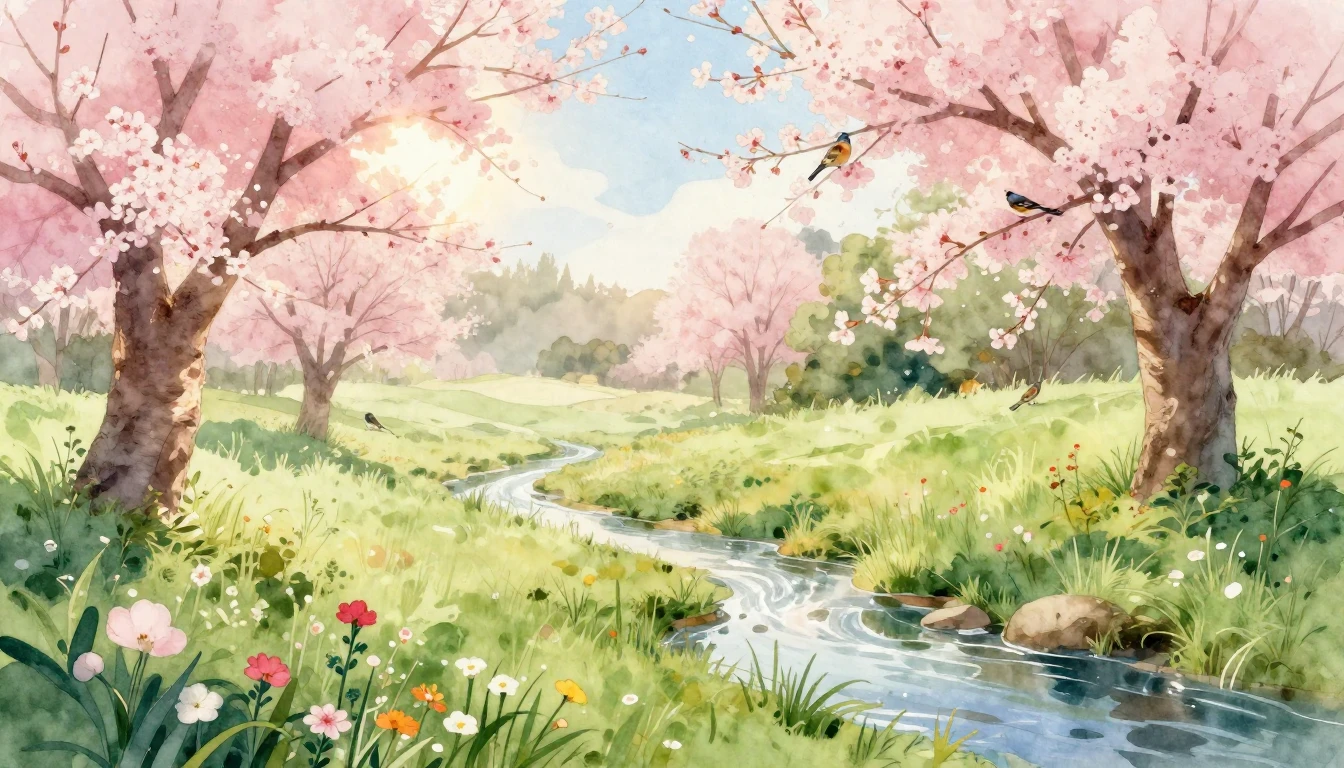 A beautiful watercolor painting of a lush meadow at dawn. De...