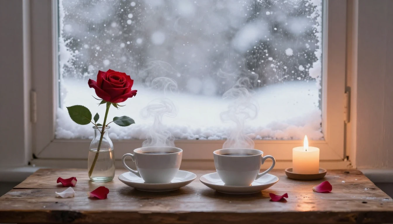 A romantic and cozy scene next to a frosted window with a vi...
