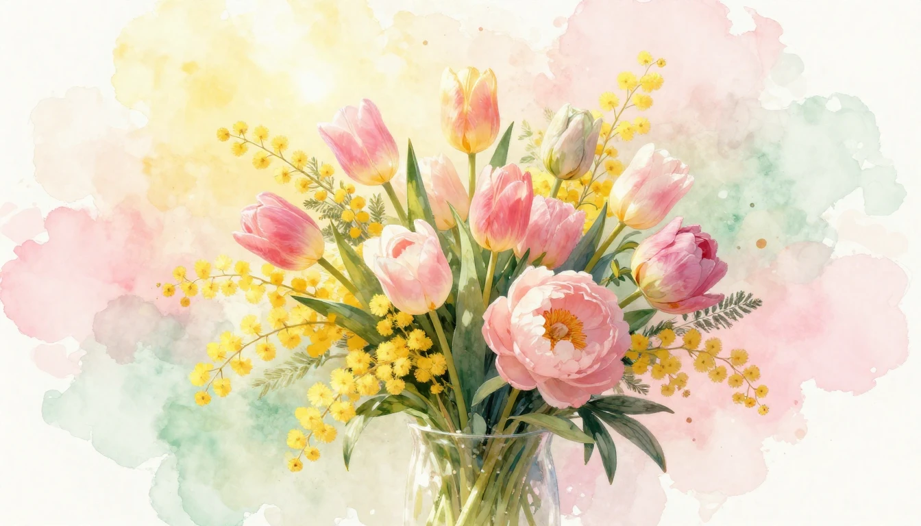 A beautiful bouquet of spring flowers including tulips, mimo...