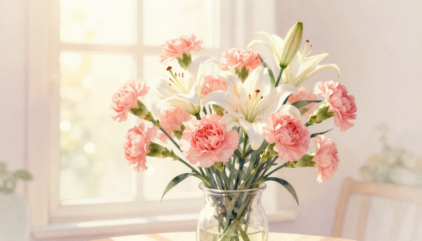 A delicate watercolor painting featuring a soft bouquet of p...