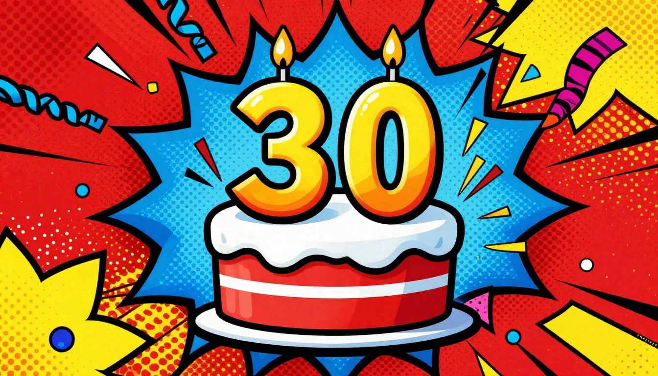 A vibrant Pop Art style illustration for a 30th birthday alb...