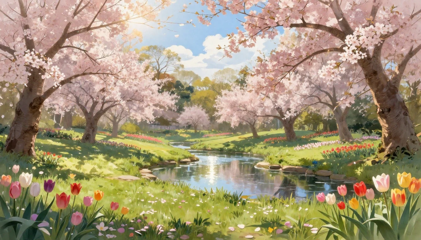 A breathtaking landscape of a lush garden in full spring blo...